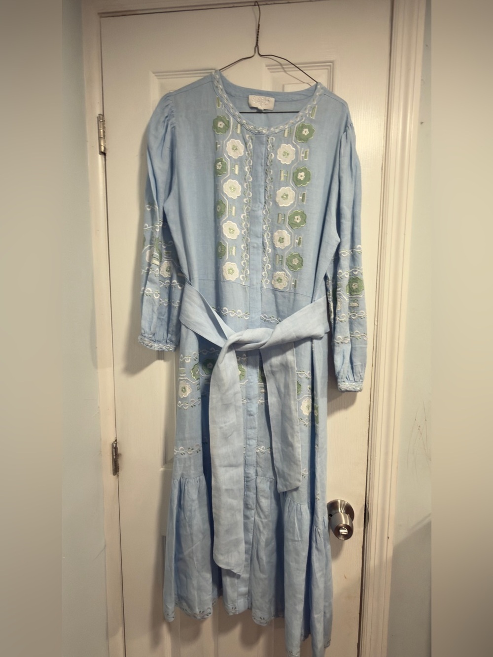 Light Blue Embroidered Maxi Dress with Tie Waist - Picture 2 of 13